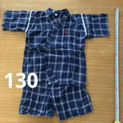 子供甚平上下　紺色　130cm チェック柄　お祭り　浴衣