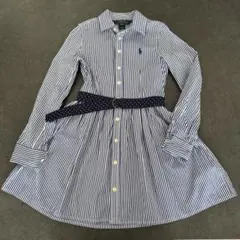 ラルフローレン 130 ブルーストライプ 前開き シャツワンピース ポニー刺繍