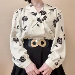 花柄 バラ ダブルボタン 開襟ブラウス 昭和レトロ ヴィンテージ 日本製 白 黒