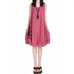 セール♩残1枚　チュニック　リゾートワンピース♡綿麻リネン風　刺繍　ピンク