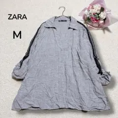 【ザラZARA】ロールタブ付き　スキッパー　オーバーシャツ　ブラウス　グレー　M