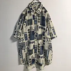 レトロ 古着 アート 幾何学模様 総柄 ポリ デザインシャツ 半袖メンズ 日本製