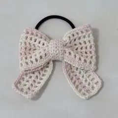 ハンドメイド 編み物 毛糸 かぎ編み ヘアゴム リボン メッシュ 夏 ピンク 白
