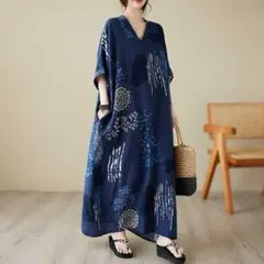 ロングワンピース 和モダン 藍染模様 ポケット 紺 藍色 秋