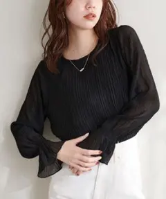 natural couture キャンディスリーブプリーツブラウス 黒ブラックのサムネイル