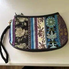 刺繍 パッチワーク ポーチ ストラップ付き　革製　エコバッグ付き