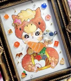 お馬な子猫 シマエナガ 水彩画 シーグラスアート インテリア 玄関飾り 動物絵