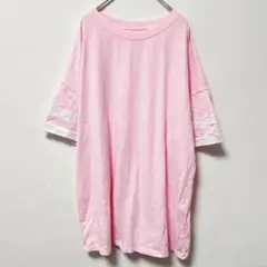 ⭐️Ｔシャツ【L】クルーネック ライン袖 桃 綿 普段着 カジュアル お出かけ