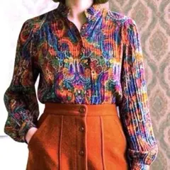 昭和レトロ プリーツ加工 ペイズリー柄ブラウス 総柄 ハイネック ヴィンテージ