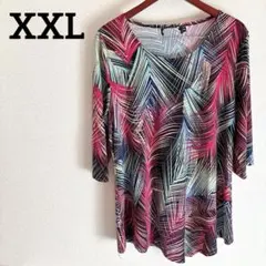 【XXL】カラフル 幾何学模様チュニック 五分袖 大きいサイズ ゆったり 快適