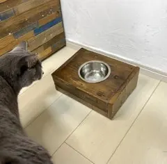 【送料込み】古材木製ハンドメイド犬猫用フードボウル台(ステンレス製食器付き)