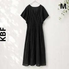 KBF ロングワンピース 黒 M カシュクール コットン 薄手 半袖 フレア