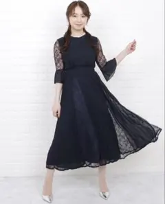 【タグ付き】プリーツ切替　ロングワンピースドレス　レース　花柄総レース