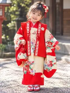 七五三 女の子 【 着物＋正絹作り帯セット 】3歳 4歳 クリーム 花車