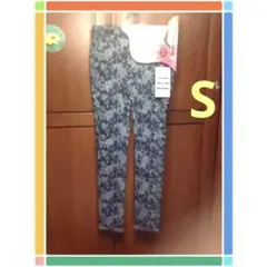 新品春秋服夏S美脚スリム縦横ストレッチ紺色長ズボン薄手デニムパンツ花柄ジーンズ