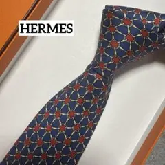 エルメス　ネクタイ　赤・紺　ドット　幾何学模様