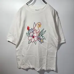 IZOD　半袖Tシャツ　S(M-L程度)　インコ　ハイビスカス　刺繍　古着コーデ