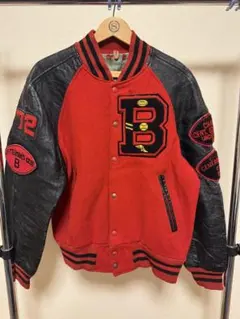 赤 Bロゴ スタジャン ウール・レザー　ビンテージ　ボロの美学