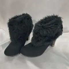 ファー、リボン付ブーツ LLサイズ ブラック