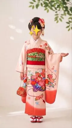7歳　レトロ正絹ピンク花笠文　七五三　お着物・帯・草履・小物セット　アンティークのサムネイル