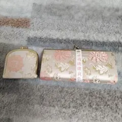 お値下げ！和装用長財布小銭ケース２点セット　花柄刺繍 ピンクゴールド