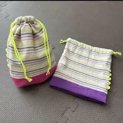 ボーダー　巾着　コップ袋　カラフル　マルチカラー　ピンク　パープル　イエロー　①のサムネイル
