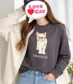フロントにかわいい茶トラ・猫　長袖カットソー　春夏シャツ　Мサイズのサムネイル