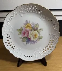 マイセンMeissen フラワー金彩プレート メッシュ透かしレース花柄 21cm