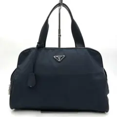 美品 プラダ ハンドバッグ 三角ロゴ 鍵付き 南京錠 ナイロン レザー ネイビー