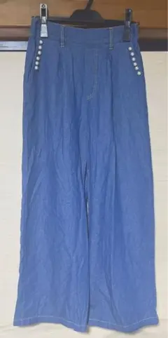 ワイドパンツ デニム M ハイウエスト パールボタン ブルー 美品