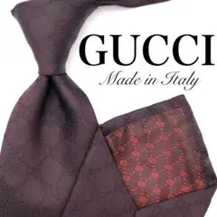 【美品】GUCCI ネクタイ 格子柄 チェック ボルドー 赤 GGロゴ 光沢感
