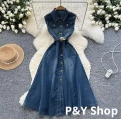 春夏コーデ❤️韓国風　デニムワンピース　ウエストベルト付き　ノースリーブ