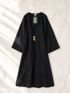 ★新品★タグ付き★ H&M リネン混 ワンピース XS 黒 リボン ビーズ付き