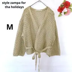 カーディガン 透かし編み ニット メッシュ編み 羽織り 五分袖 M ベージュ