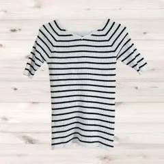 A1164 PLST ニット セーター 半袖(M) 白 黒 ボーダー 総柄