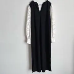 ＊ヴォーグ＊ 長袖ロングワンピース Vネック レース シアー 上品 ブラック