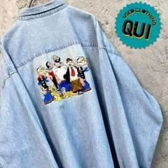 レア 90s US古着○ポパイ 刺繍デニムシャツ インディゴブルー メンズ2XL
