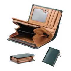 メンズ 2つ折り財布 本革 カード収納 大容量 グリーン&ブラウン 小銭 ギフト