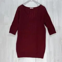 GU ジーユー　Vネックリブニット　5分袖　ボルドー　M