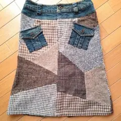 ニットパッチワークデザインひざ丈スカート