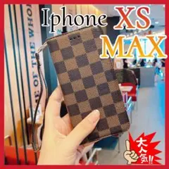 iPhoneXsMaxケース手帳型　茶色　チェック柄 PUレザー　耐衝撃