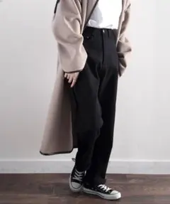 ゆったりハイウエストワイドストレート無地デニム＆チノパンツ(フルレングス)