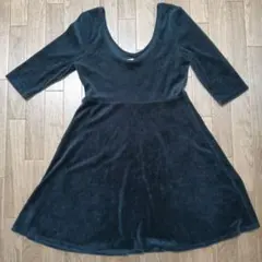 【スナイデル】ブラックベロア素材七分袖UネックAラインミニワンピース