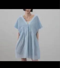 ミニチェック柄 シャーリング Vネック チュニック 半袖のサムネイル