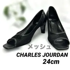 [美品］CHARLES JOURDAN オープントゥパンプス黒メッシュ24cmのサムネイル