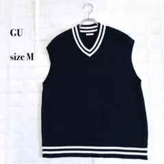 GU ニットベスト ネイビーM ライン入り Vネック スクール トラッド