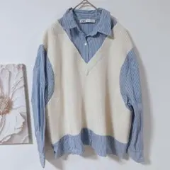 ZARA 長袖　トップス　シャツベスト一体型　アイボリー/ブルーストライプ　S