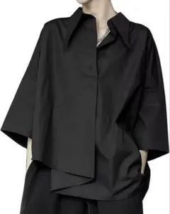 非対称デザイン ブラウス レディース 七分袖アシンメトリー 服 黒女性半袖