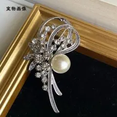 パール ブローチ シルバー リボン ジルコニア 卒業 入学式 結婚式 フォーマル