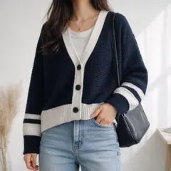 GU【S】カーディガン Vネック 配色ライン ニット ゆったり レトロ風 秋冬